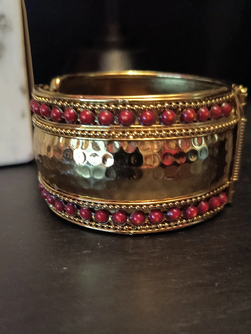 Vintage Gold-Tone Cuff Bracelet with Red Bead Accent